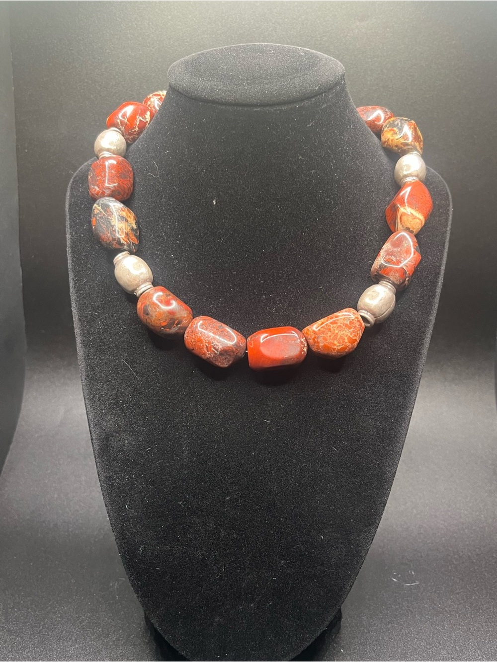 Sterling Silver Genuine Red Brecciated Jasper Chunky Artisan Choker Necklace 16” - Picture 2 of 11